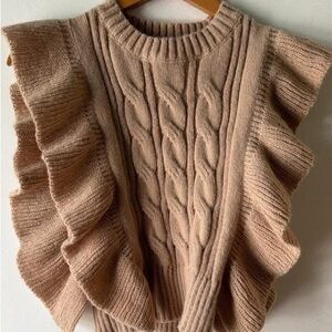Ruffled Cable Knit Sweater - Tan
